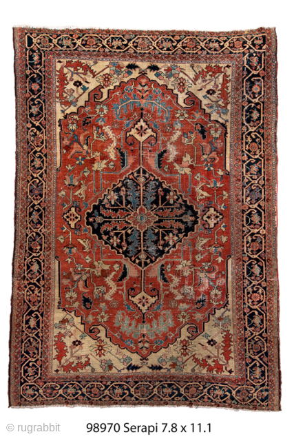 Antique Persian Serapi Carpet, Circa 1900. Bold navy medallion set within a vibrant coral-red field framed by an intricately detailed midnight-blue border. 

7'8" x 11'1"

Item No: 98970      