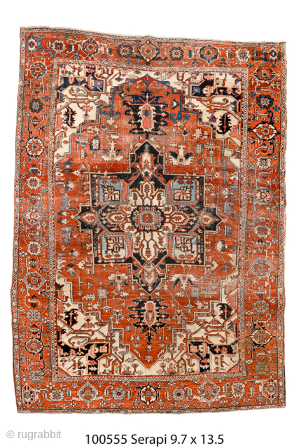 Antique Persian Serapi Carpet, Circa 1900. Striking cruciform medallion within a warm terracotta field accented by ivory, deep navy, and soft blue details.
9'7" x 13'5"
Item No: 100555