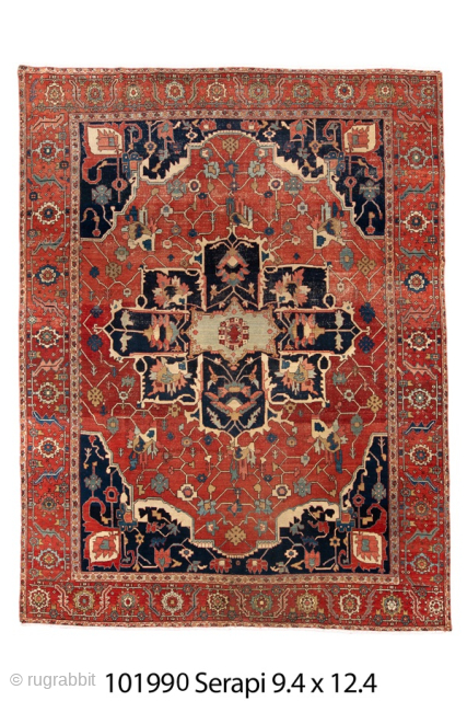 Antique Persian Serapi Carpet, Circa 1900. Striking ivory cruciform medallion on a vibrant terracotta-red field framed by deep midnight-blue corner spandrels and an elegant floral border.

9'4" x 12'4"

Item No: 101990   
