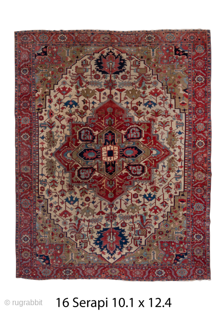 Antique Persian Serapi Carpet, Circa 1900. Luminous ivory field centered by a bold brick-red geometric medallion, framed by an elegant red floral border.

10'1" x 12'4"

Item No: 16      