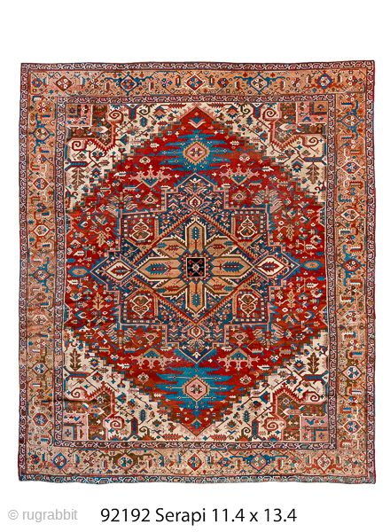 Antique Persian Serapi Carpet, Circa 1900. Impressive oversized geometric medallion on a vibrant brick-red field framed by an elegant ivory border.
11'4" x 13'4"
Item No: 92192