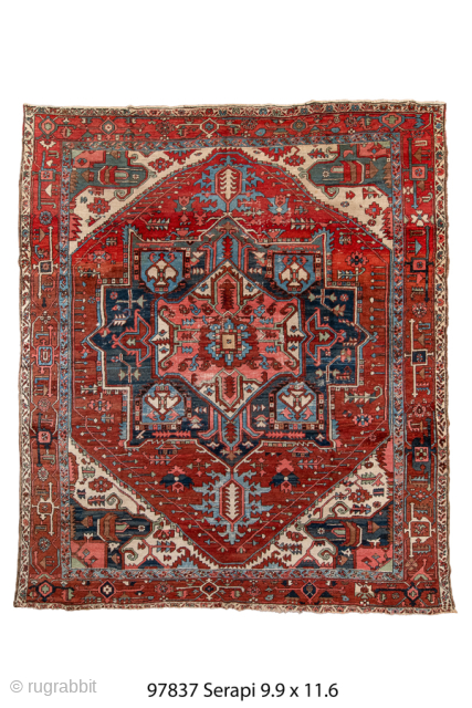 Antique Persian Serapi Carpet, Circa 1900. Dramatic stepped medallion set within a vibrant brick-red field highlighted by ivory spandrels and soft blue accents.

9'9" x 11'6"

Item No: 97837      