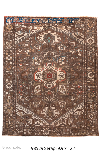 Antique Persian Serapi Carpet, Circa 1900. Features a rare walnut-brown field with a striking geometric medallion highlighted by ivory, muted blue, and terracotta accents.

9'9" x 12'4"

Item No: 98529     