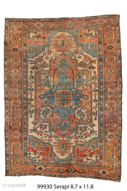 Antique Persian Serapi Carpet, Circa 1900. Features an elegant elongated medallion set within a warm coral-red field accented by soft ivory and muted blue details.

8'7" x 11'8"

Item No: 99930    