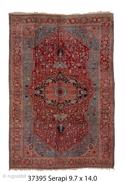 Antique Persian Serapi Carpet, Circa 1900. Striking stepped medallion set within a richly abrashed terracotta field accented by soft blue spandrels and an elegant floral border.
9'7" x 14'0"
Item No: 37395