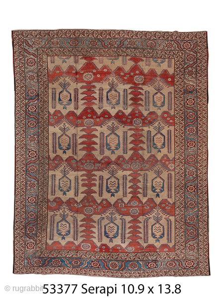 Antique Persian Serapi Carpet, Circa 1900. Rare allover pattern of stylized palmettes, cypress trees, and geometric motifs on a warm ivory field.
10'9" x 13'8"
Item No: 53377