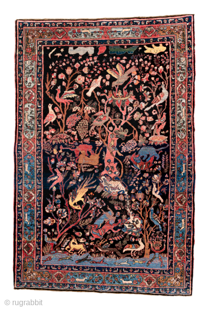 Antique Persian Bidjar Pictorial Rug, Circa 1920. Extraordinary Tree of Life design filled with birds, animals, flowering vines, and mythical creatures woven against a deep midnight blue field.

4'6" x 6'9"

Item No: 100617 