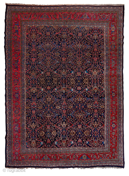 Antique Persian Bidjar Carpet, Circa 1900. Rare allover Herati pattern woven across a deep midnight blue field enclosed by richly detailed crimson borders.
15'0" x 21'2"
Item No: 8184