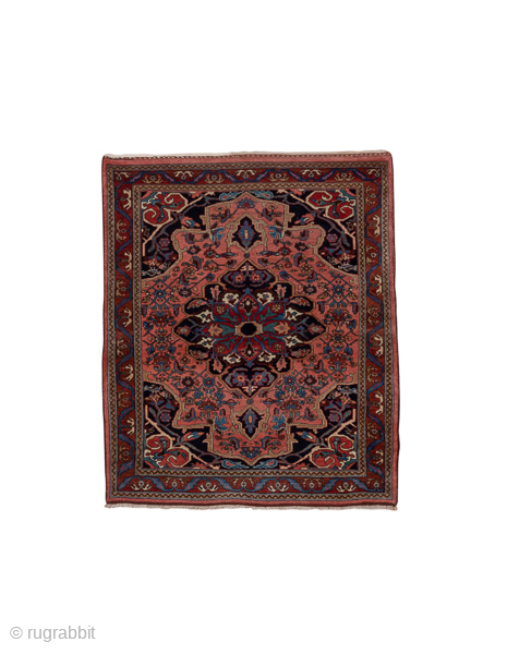 Antique Persian Bidjar Rug, Circa 1920. Classic Herati design with a refined navy medallion set against a warm rose field enclosed by a richly detailed border.
4'2" x 5'0"
Item No: C1764