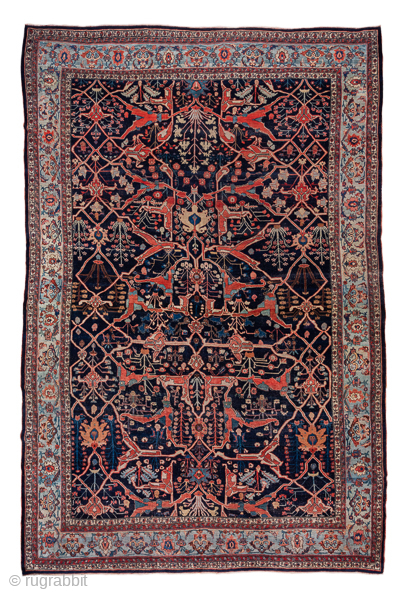 Antique Persian Bidjar Carpet, Circa 1900. Rare allover Tree of Life design with stylized flowering trees, birds, and geometric botanical motifs woven across a dramatic midnight blue field.

11'8" x 17'9"

Item No: C5191 
