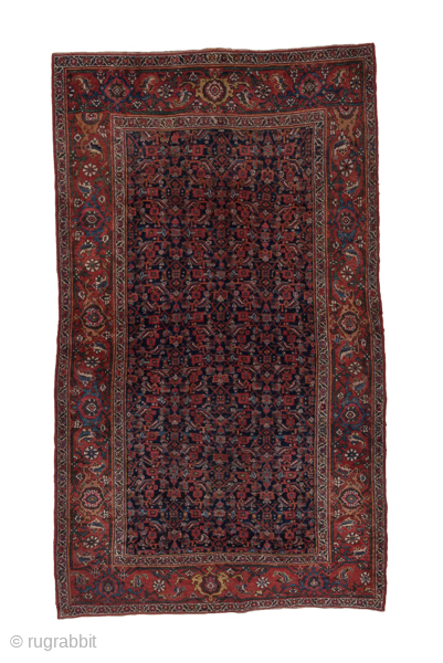 Antique Persian Bidjar Rug, Circa 1910. Richly detailed allover Herati design woven across a deep midnight blue field framed by an elegant terracotta floral border.
5'3" x 8'11"
Item No: 6947