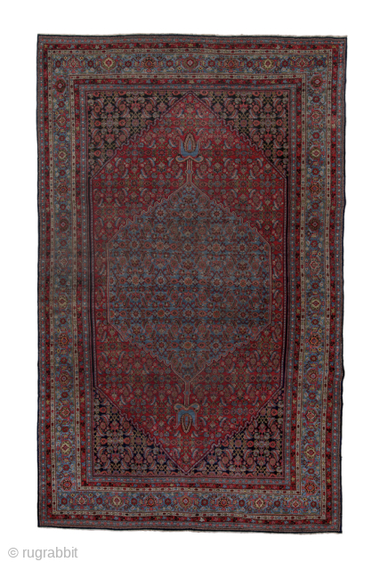 Antique Persian Bidjar Carpet, Circa 1900. Grand slate-blue lozenge medallion set within a richly detailed crimson Herati field framed by multiple finely woven floral borders.
8'0" x 13'0"
Item No: 84900
