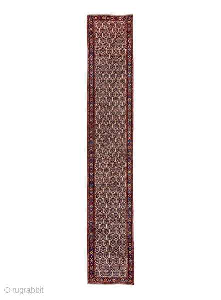 Antique Persian Bidjar Runner, Circa 1910. Rare allover Herati lattice woven across a warm ivory field framed by richly detailed terracotta and midnight blue borders.
2'9" x 15'9"
Item No: C90548