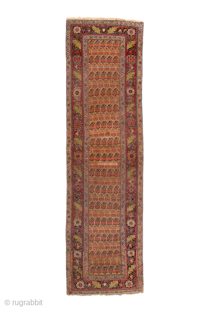 Antique Persian Bidjar Runner, Circa 1920. Finely detailed allover geometric floral design woven across a warm camel field framed by richly ornamented olive and terracotta borders.

3'2" x 11'3"

Item No: 98525   