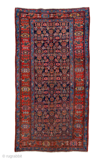 Antique Persian Bidjar Runner, Circa 1910. Finely woven allover Herati design across a deep midnight blue field framed by a bold terracotta tribal border.

4'6" x 8'7"

Item No: 99044     