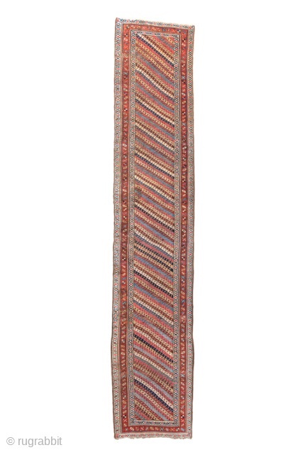 Antique Persian Bidjar Runner, Circa 1910. Rare allover diagonal striped design filled with finely woven geometric motifs in warm terracotta, ivory, and indigo.
3'2" x 16'6"
Item No: 99888