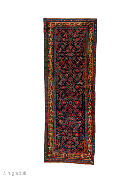 Antique Persian Bidjar Runner, Circa 1910. Finely woven allover Herati design across a rich midnight blue field framed by an elegant golden camel floral border.
3'8" x 10'4"
Item No: C93878