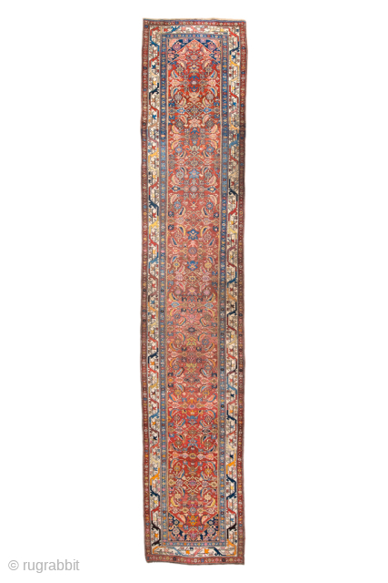 Antique Persian Bidjar Runner, Circa 1900. Finely woven allover Herati design across a warm terracotta field framed by an elegant ivory geometric floral border.

3'7" X 19'0"

Item No: 99097     