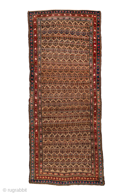 Antique Persian Kurdish Runner with Boteh Design, Circa 1900. Features a dense allover boteh pattern across a warm camel-brown field.
4'0" x 9'8"
Item No: 101191