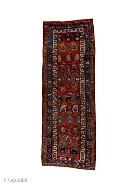 Antique Persian Kurdish Runner with Boteh Design, Circa 1900. Bold boteh motifs arranged across a rich madder-red field.
3'8" x 9'9"
Item No: C22562