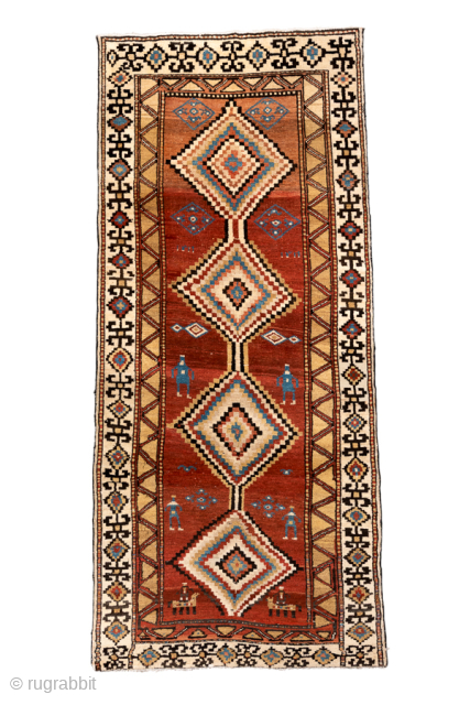 Antique Persian Kurdish Rug, Circa 1900. Striking stepped diamond medallions woven across a warm madder-red field accented by charming tribal figures and symbolic geometric motifs.
4'0" x 8'8"
Item No: 99969