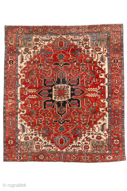 Antique Persian Serapi Rug with Bold Geometric Medallion, Circa 1880. Monumental geometric medallion surrounded by boldly drawn floral and botanical motifs.

10'9" x 12'1"

Item No: 101159        