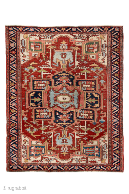 Antique Persian Serapi Rug with Geometric Medallion, Circa 1900. Bold geometric medallion surrounded by angular floral motifs on a warm rust-red field.
5'0" x 6'3"
Item No: 101962