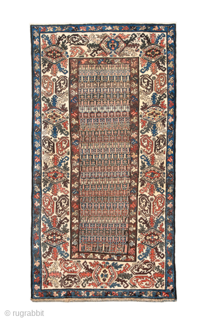 Antique Persian Malayer Rug with Fine Allover Geometric Design, Circa 1910. Features a finely detailed repeating geometric field framed by a striking ivory border with large stylized floral and vine motifs.

3'2" x  ...