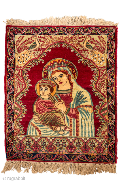 Vintage Persian Lavar Kerman Pictorial Rug with Madonna and Child, Circa 1940. Depicts the Madonna and Child beneath an architectural arch, surrounded by peacocks, flowering branches, and an ornate floral border.
2'0" x ...