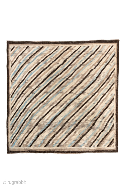 Vintage Persian Gabbeh Rug with Diagonal Stripe Design, Circa 1970. Features an unusual abstract pattern of diagonal stripes in ivory, brown, gray, and soft blue.
6'8" x 6'9"
Item No: 101843