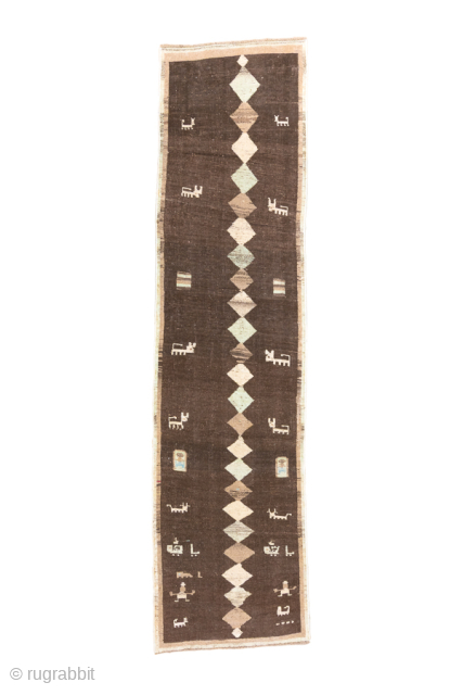 Vintage Persian Gabbeh Runner with Animal and Diamond Motifs, Circa 1970. Features a vertical chain of geometric diamonds surrounded by charming stylized animal motifs on a deep natural brown field.

Item no. 101846
2'7"  ...