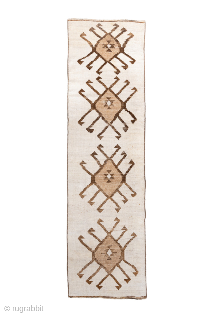 Vintage Turkish Kars Runner with Tribal Medallions, Circa 1950. Four boldly drawn tribal medallions arranged across a warm ivory field.
3'0" x 10'0"
Item No: 102002