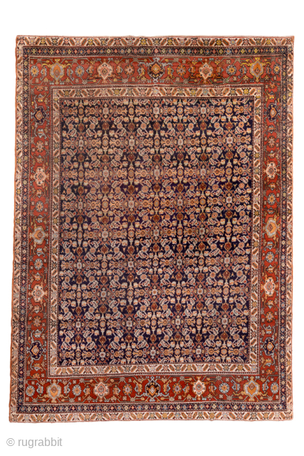 Antique Persian Mahal Rug with Allover Floral Design, Circa 1920. Features an intricate allover floral pattern across a deep navy field, framed by a broad rust-red floral border.

8'4" x 11'6"

Item No: 102158 