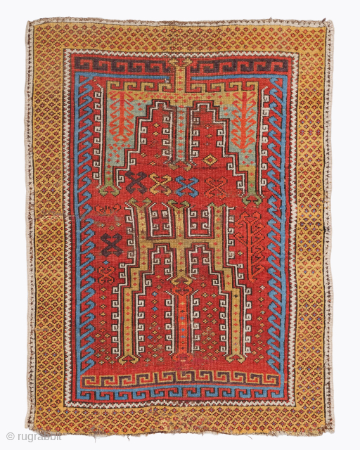 Period: Mid 19th Century
Origin: Konya, Central Anatolia
Dimensions: 97 x 121 cm

This rare mid 19th century Turkish Konya prayer rug highlights a powerful and rhythmic geometric composition featuring a double tiered stepped mihrab  ...
