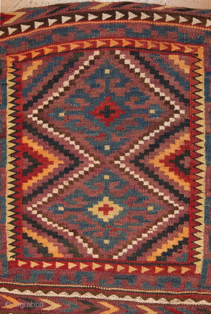 Uzbek Tartari saddle bag 149x45cm complete. A perfect example of double interlock wave technique. Beautiful range natural colors including green, light blue, saffron yellow, aubergine, ecc. that have been mellowed by Mr  ...