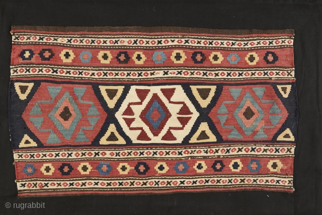 Beautiful Shahsavan kilim front panel (92x54cm) datable at the beginning of the 20th century with soft wool. Outstanding colors combination with the characteristic Shahsavan apricot, green, deep blue and brick red. This  ...