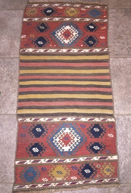 Shahsavan soumac end panels salvaged from damaged mafrash and sewn to part of bottom to make a wall hanging. 3’5” X 1’9”. 19th C. Wool.  Fine soumac in beautiful warm natural  ...