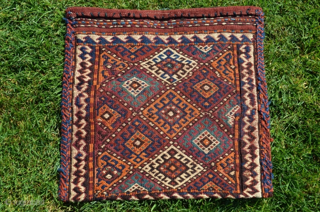 Kordi flatwoven chanteh, knotted weft wrapping 1’4” X 1’3”. Lain district Eastern Khorasan. Early 20thC. Natural colors. Excellent condition.              