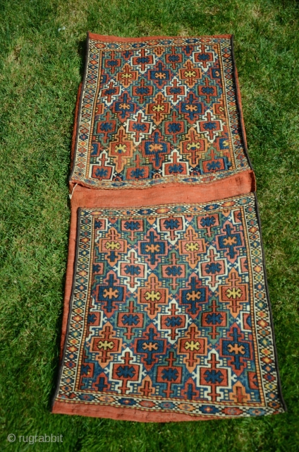 Rare antique Kordi flatwoven khorjin.1’8-1/2”X4’2”. Circa 1900. Wool. Saturated natural dyes. Knotted weft wrapping from Lain district of Khorasan. For comparable example see Wilfried Stanzer’s “Kordi” pp. 182-183. Perfect condition. Ex Adil  ...