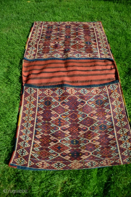 NE Anatolian flatwoven (reciprocal brocade) khorjin. 5’3” X 2’8”. Wool. Early 20thC. Beautiful natural dyes. Striped back. Incredibly fine workmanship, all complete and original.         