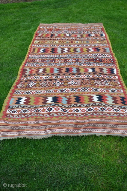 Qashqai kilim. 9'5" x 4'6". Late 19th c. Wool and cotton (white). Ivory wool warps. Saturated bright natural dyes. Ends and edges original and intact. Fine condition.      