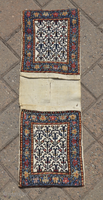 Antique Shahsavan flatwoven mini khorjin. 25" X 8-1/2", Circa 1900. Soumac technique in wool on cotton ground. Bud and flower designs with beautiful blue border. Natural dyes. Plainwoven back. Excellent condition.  