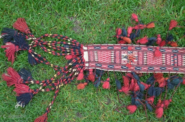 Turkmen tent band. 15 ft (including tassels) X 3-1/2 in. 13 ft 6 in excluding tassels. All wool. Natural colors. An antique flatwoven piece in perfect condition.      