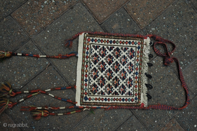 Shahsavan chanteh with strap and tassels, 19th C. Natural dyes; 9-1/2 in. X 9-3/4 in.  Wool soumac bud and flower design on plain white cotton ground; plain white back, with small  ...