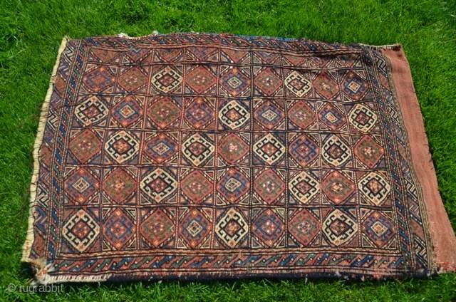 Antique Quchan Kurd grain bag.  3 ft. 6 in. X 2 ft. 5 in. All wool. Natural dyes Soumac front, Pretty plainwoven striped back with some funky tribal patches. Low price. 