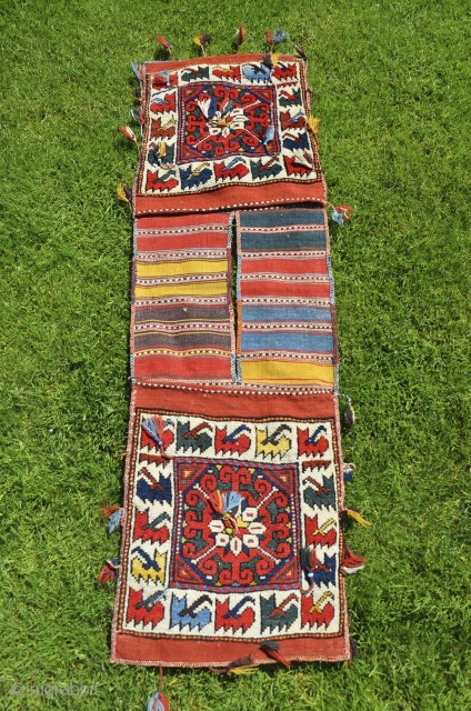 Antique West Anatolian (Kilaz) dowry pile heybe. 3 ft. 9 in. X 1 ft. 4 in. All wool. Bright natural dyes. Face in unblemished original condition. Striped back with stain, otherwise perfect.  ...