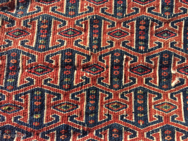 Antique Jabel Barez chanteh, 18”X14”, 19th C. Wool. Face in weft substutution weave. Serrated kilim back. A panoply of beautuful natural dyes. Goat hair wrapping. Good condition for age. Compelling tribal character.  ...