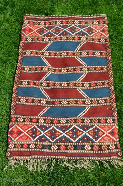 Manastir kilim yastik. 3'2" X 1'11-1/2". Circa 1900. Wool with white cotton design elements. Natural colors. Excellent condition.               