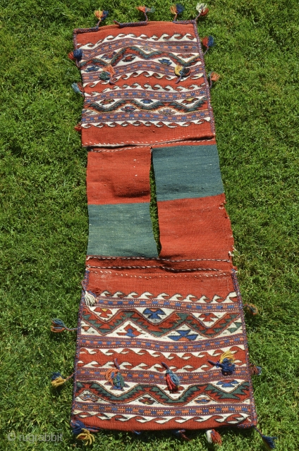 Western Anatolian kilim (farda) heybe. 47-1/2 in. X 14-1/2 in. Kilaz or Ezine region.Circa 1900-1910. Wool and cotton. All natural colors. Very good condition with original tassels.      