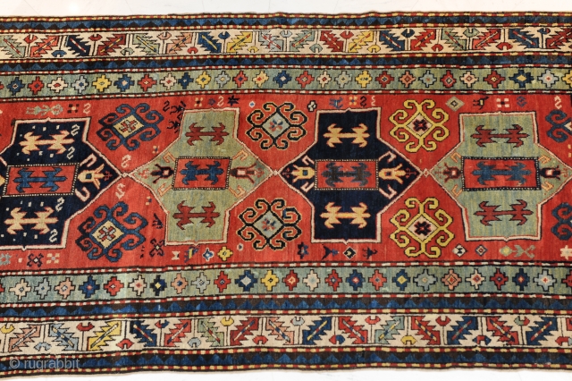 Kazak, antique, late 19th century, approx. 275 x 140.

Very beautiful and large Kazak rug, antique!

Shining wool! High pile! Lots of wonderful green! 

Certificate!          